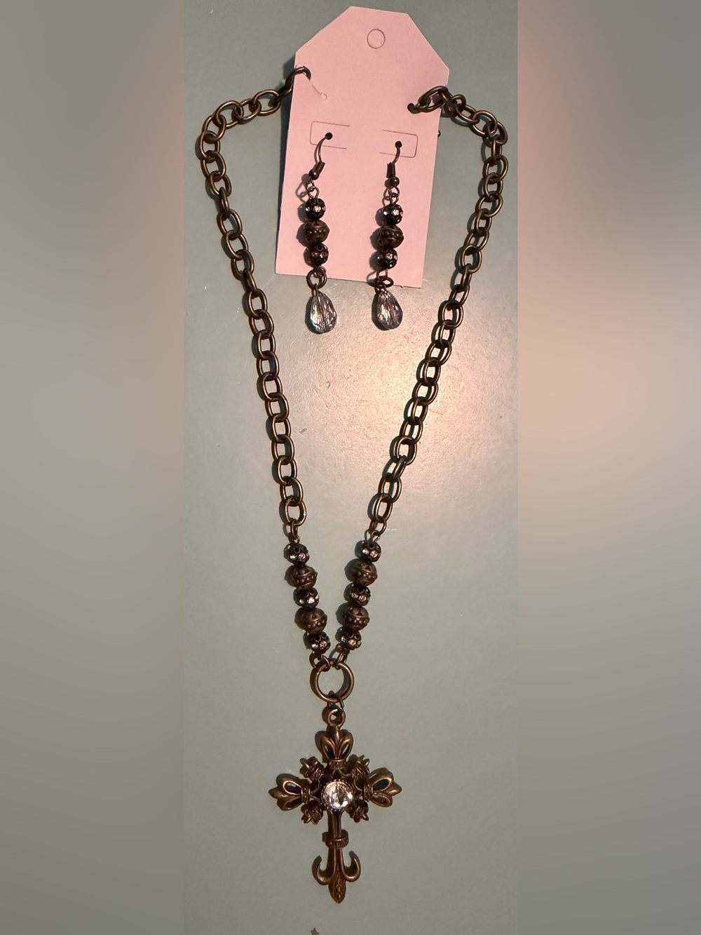 Antique Bronze Cross Pendant Necklace with Beaded Accents & Matching Earrings